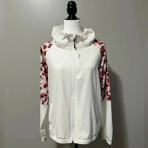 Lija White Flora Game Day Full Zip Contrast Print Floral Drawcord Golf … - Picture 4 of 16
